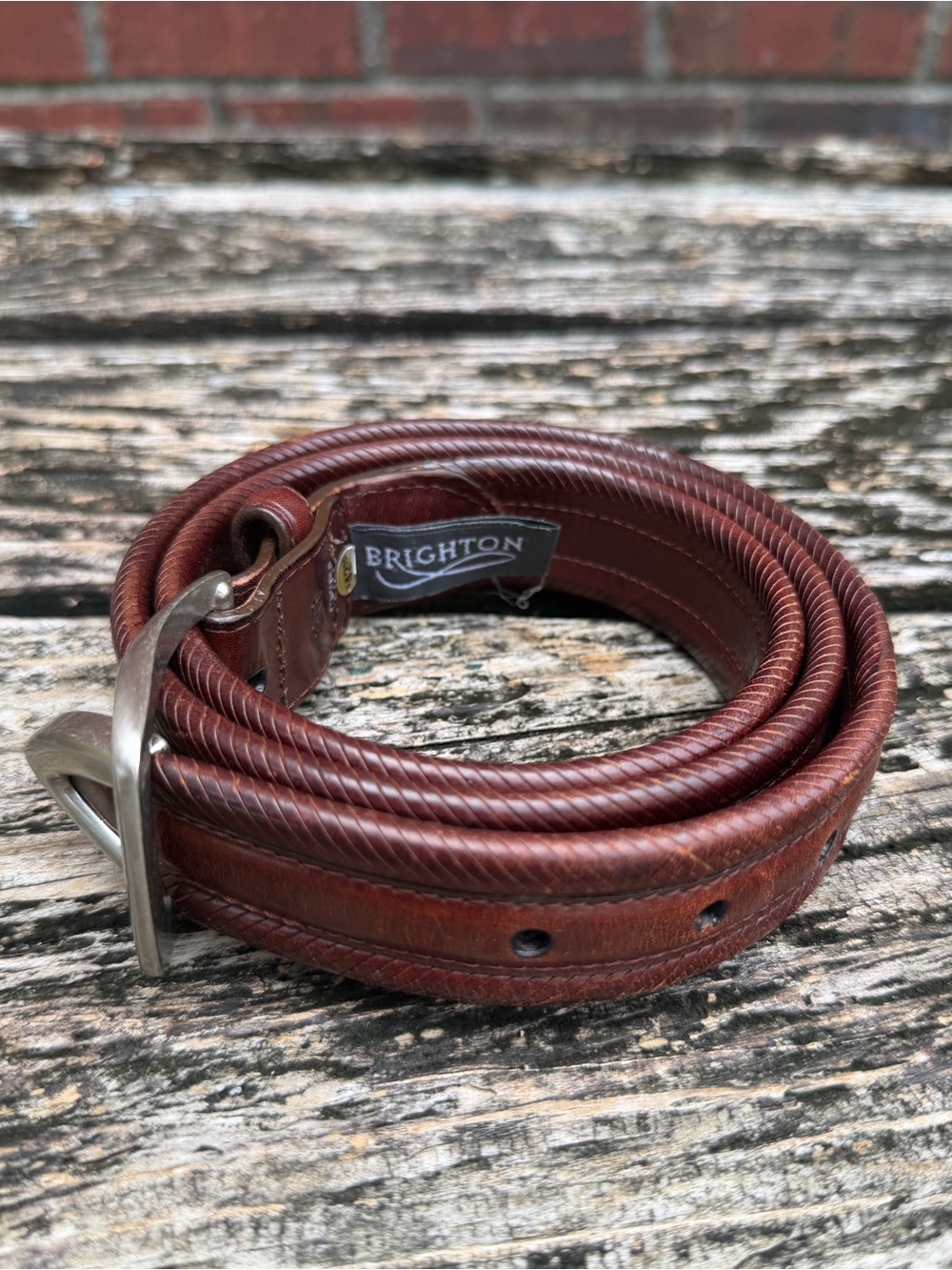 Brighton Sz 36 Dark Brown Textured Ridged Pattern Leather Belt Silver Buckle P5